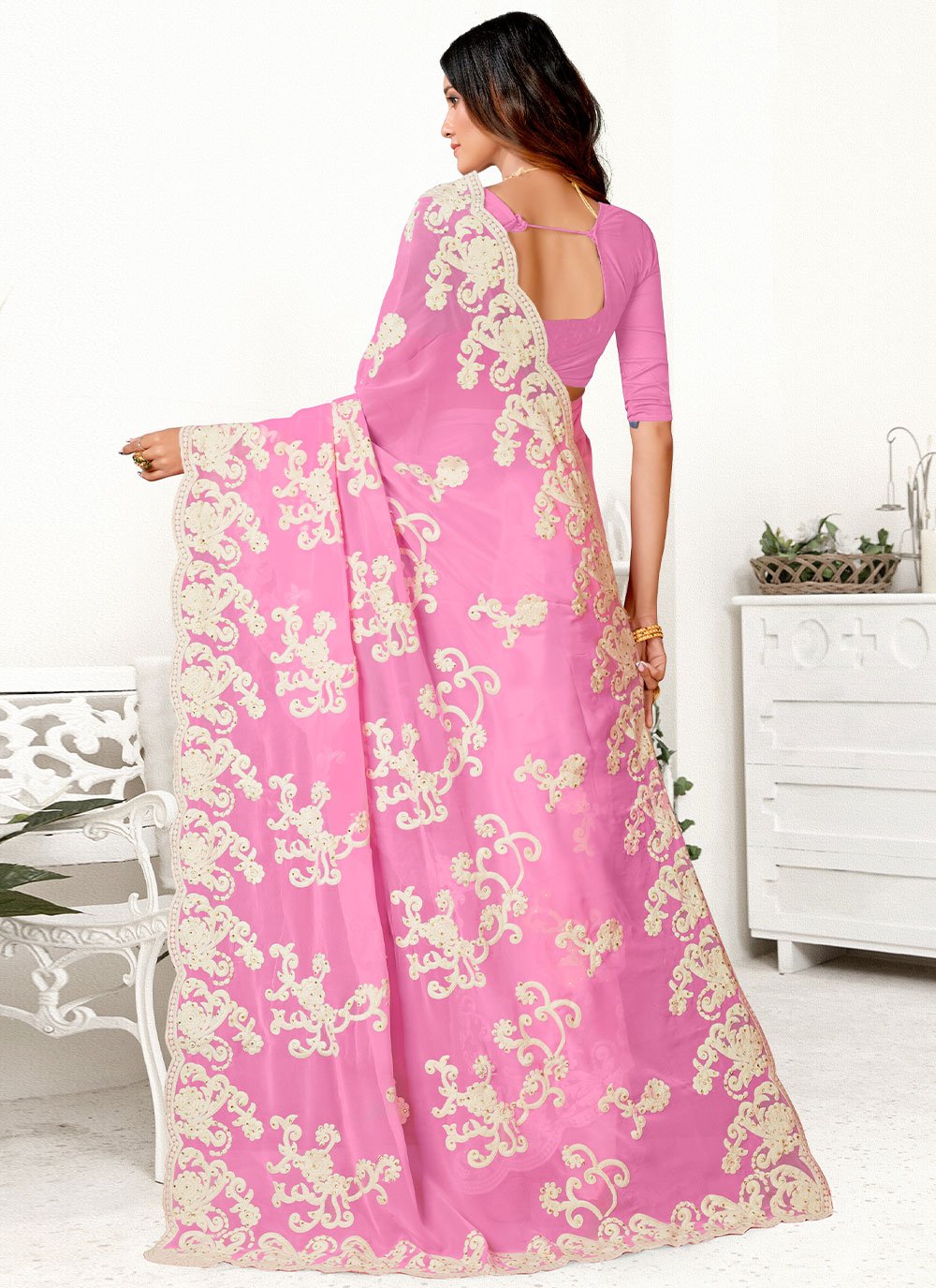 Trendy Saree Georgette Pink Embroidered Saree