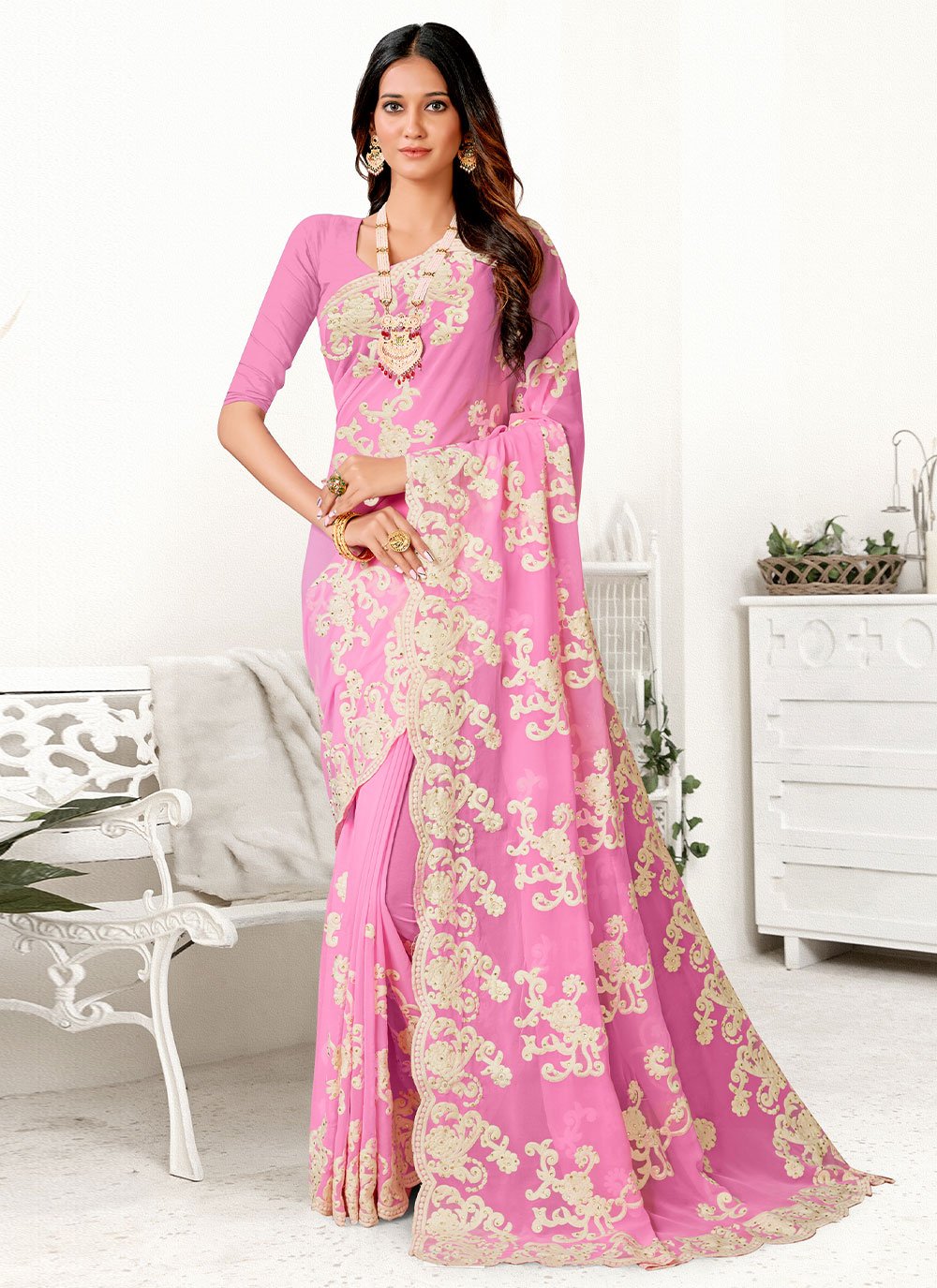 Trendy Saree Georgette Pink Embroidered Saree