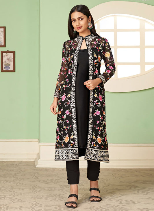 Jacket Style Suit Georgette Black Embroidered Salwar Kameez