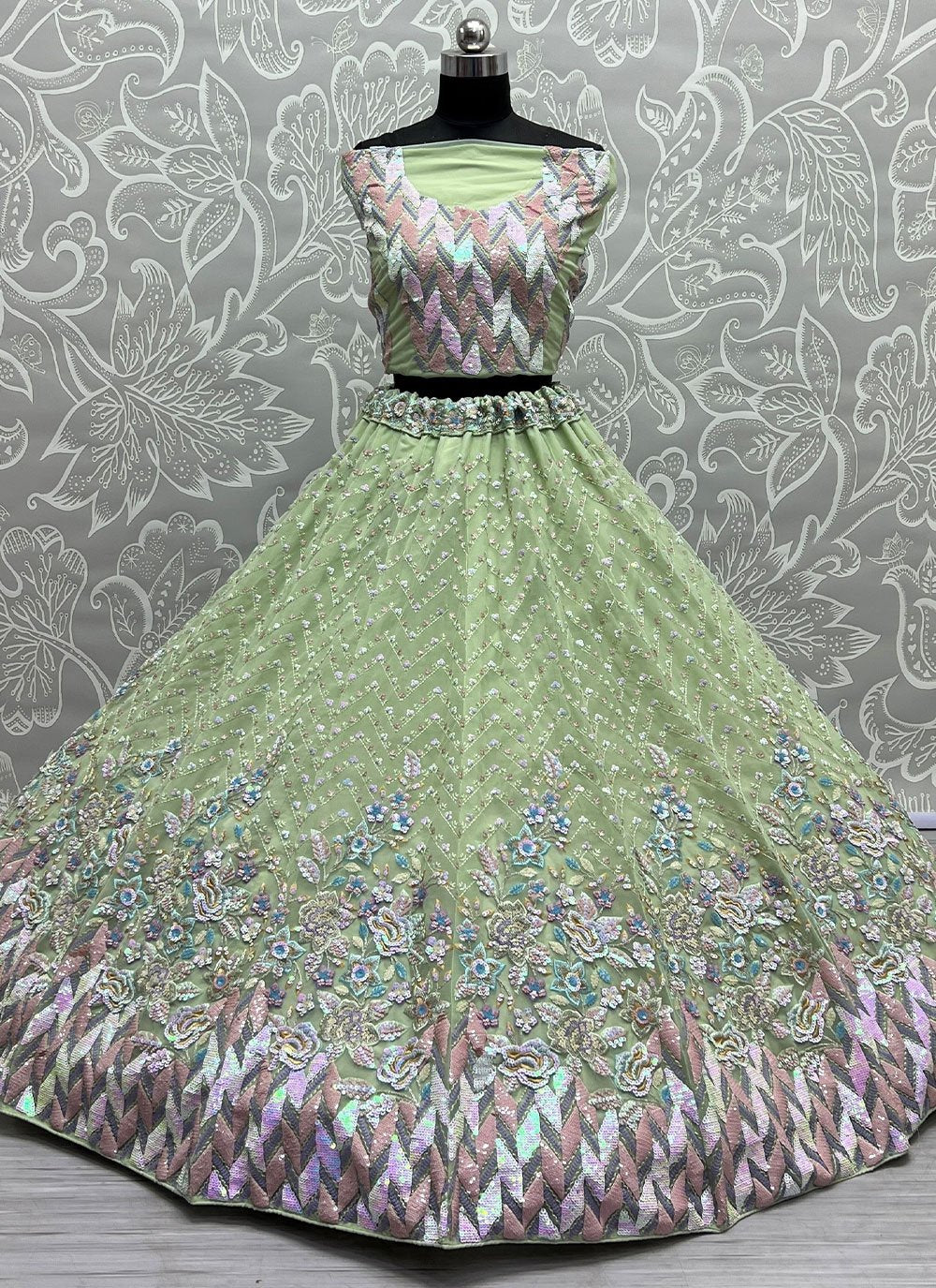 A Line Lehenga Net Green Embroidered Lehenga Choli
