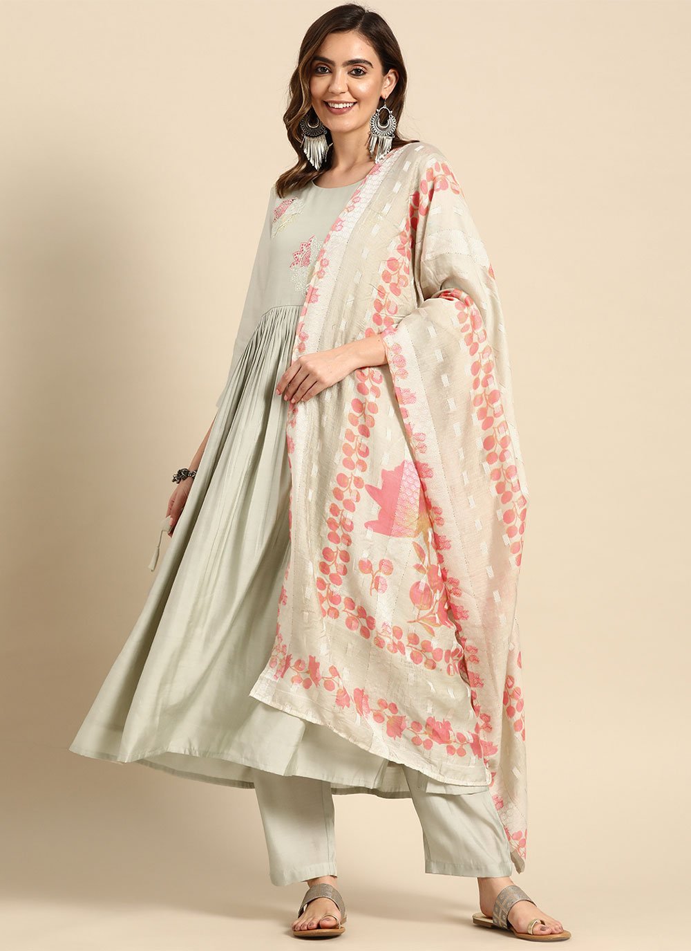 Pant Style Suit Muslin Beige Embroidered Salwar Kameez