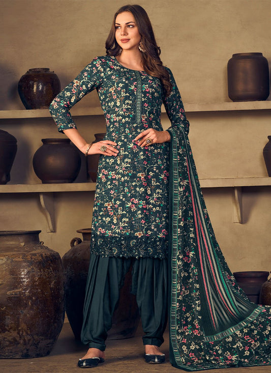 Salwar Suit Muslin Blue Embroidered Salwar Kameez