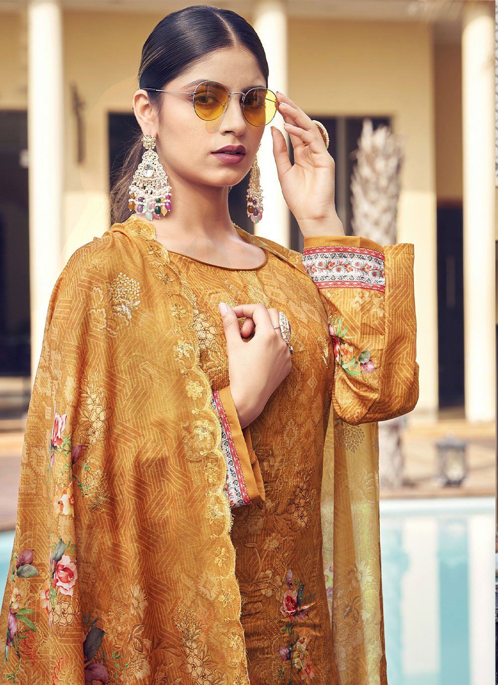 Straight Salwar Suit Muslin Mustard Digital Print Salwar Kameez