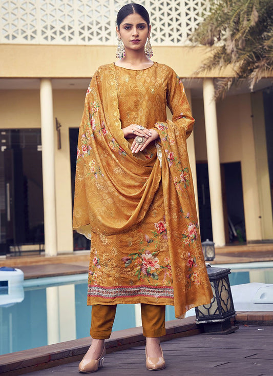 Straight Salwar Suit Muslin Mustard Digital Print Salwar Kameez