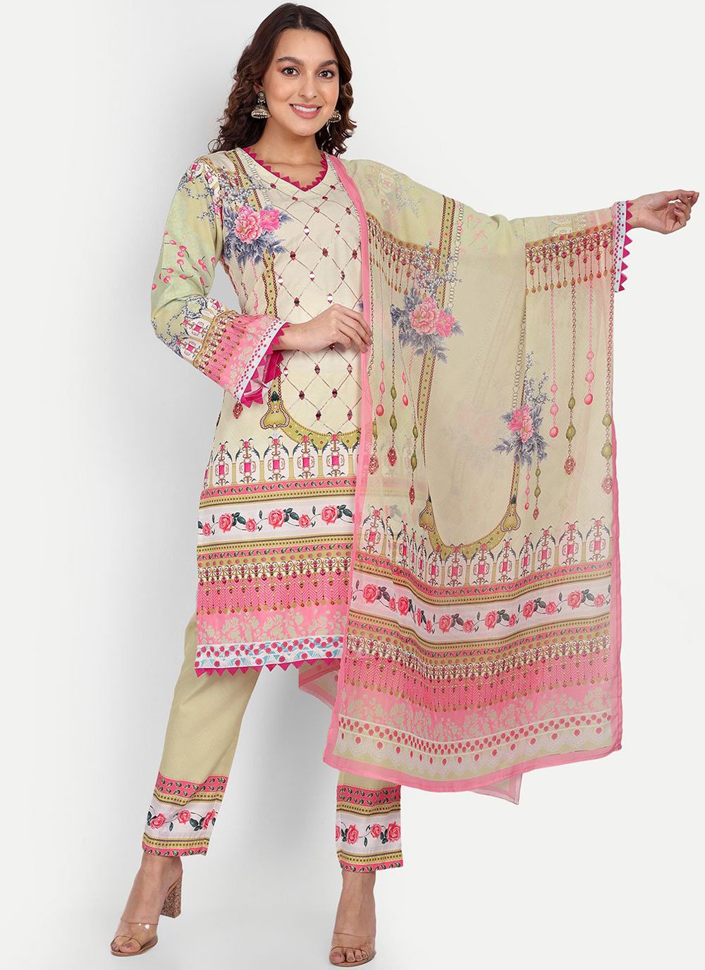 Pant Style Suit Muslin Cream Digital Print Salwar Kameez