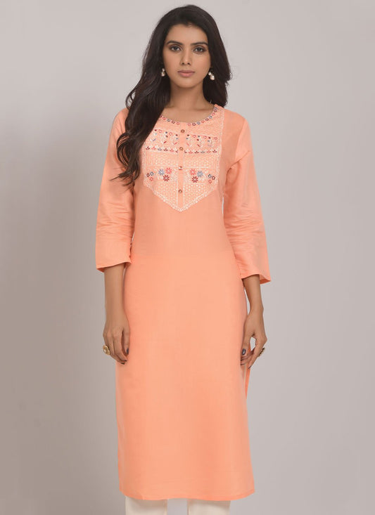 Designer Kurti Cotton Muslin Peach Embroidered Kurtis