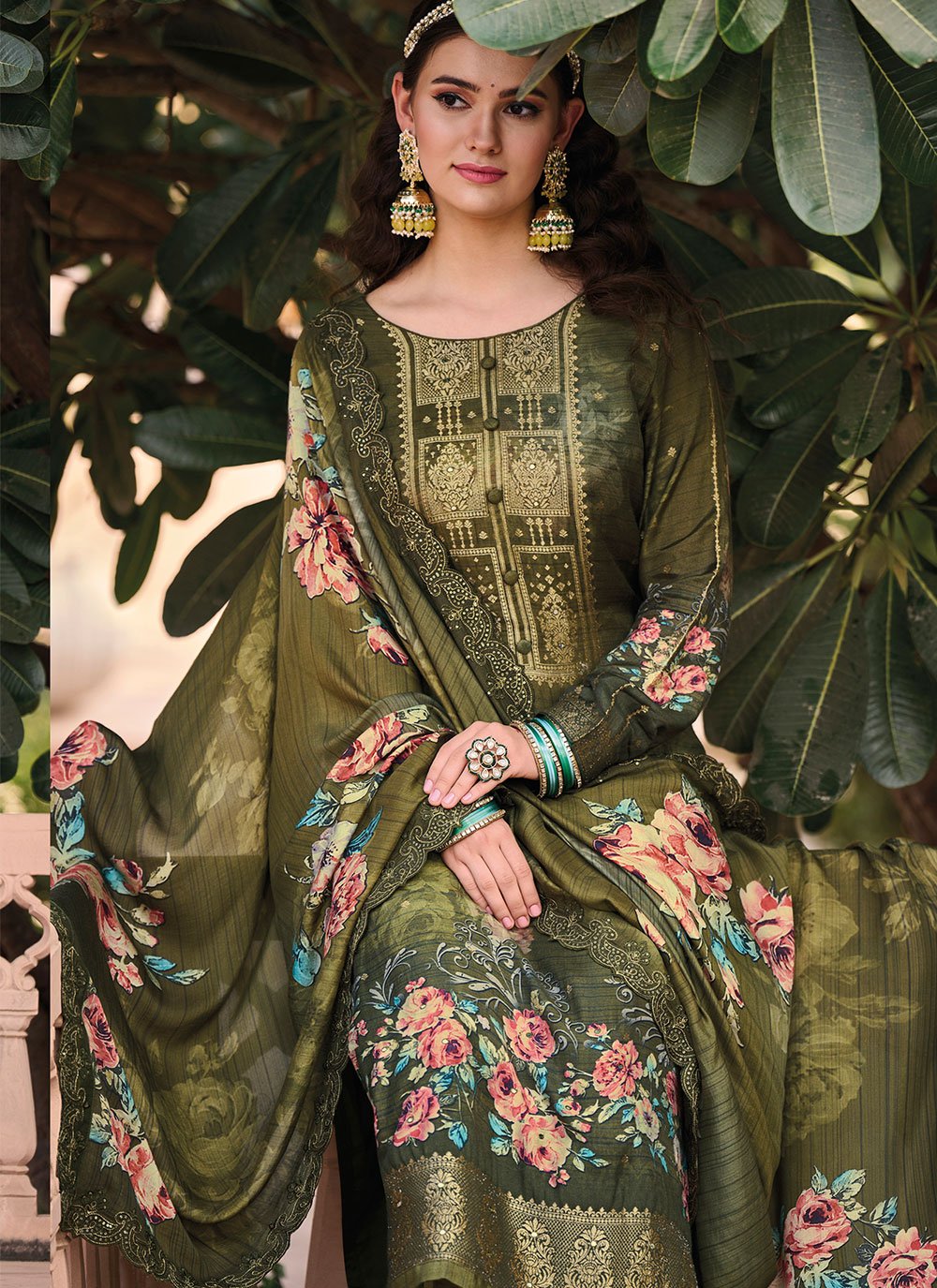 Palazzo Salwar Suit Muslin Green Digital Print Salwar Kameez