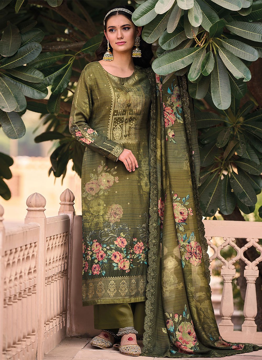 Palazzo Salwar Suit Muslin Green Digital Print Salwar Kameez