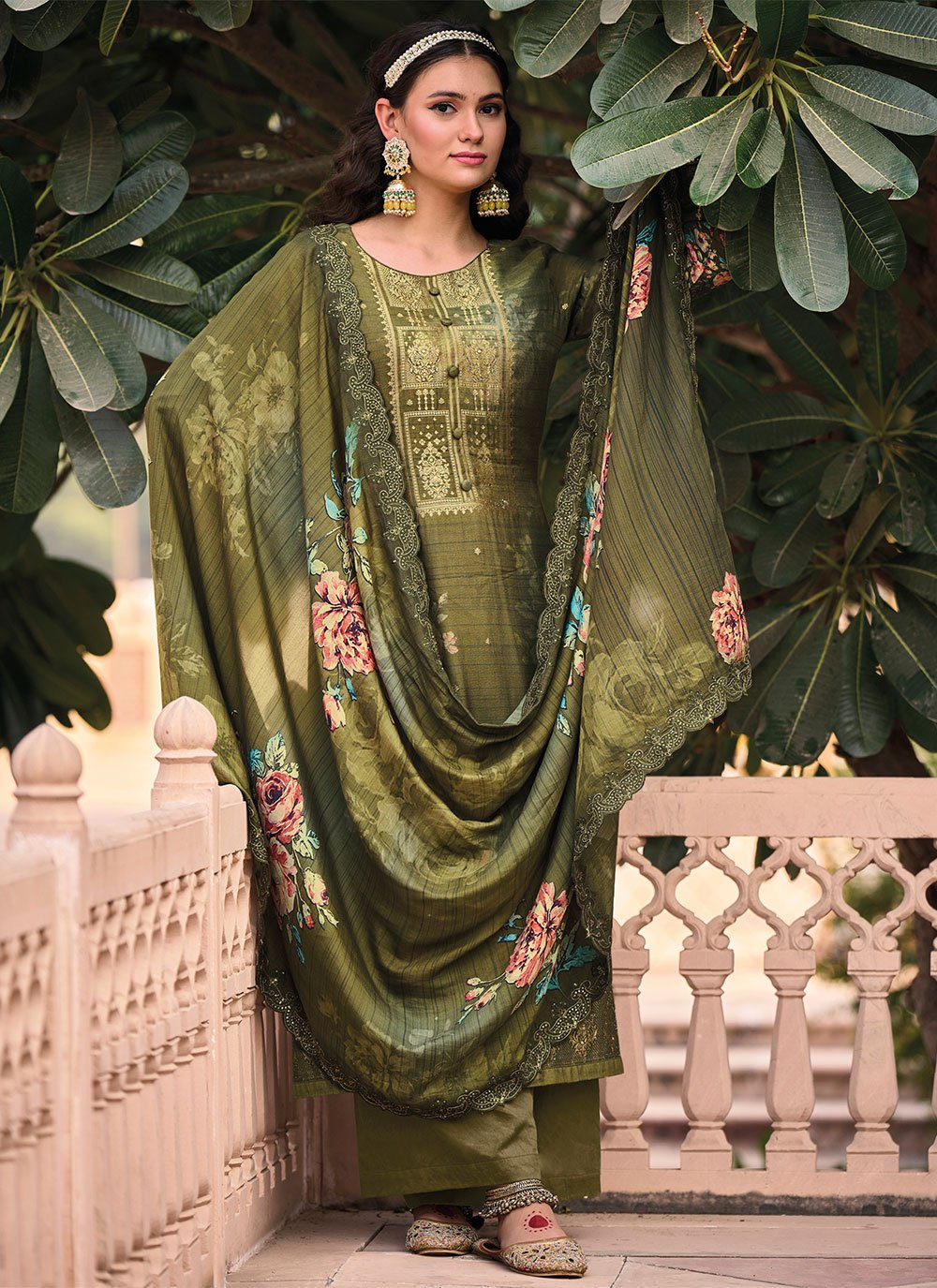 Palazzo Salwar Suit Muslin Green Digital Print Salwar Kameez