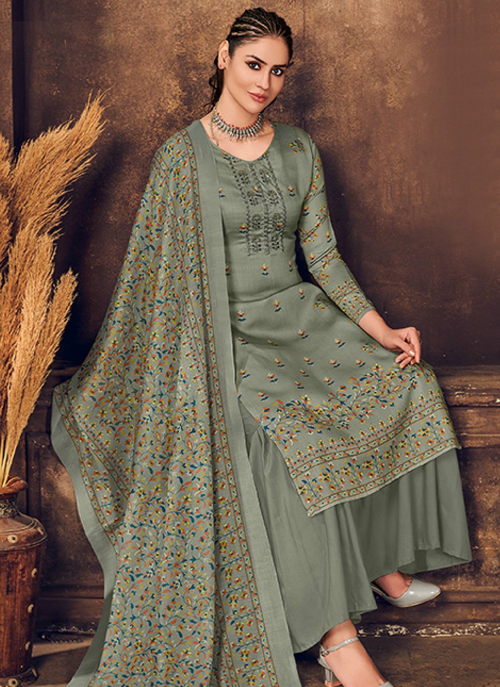 Salwar Suit Cotton Muslin Grey Digital Print Salwar Kameez