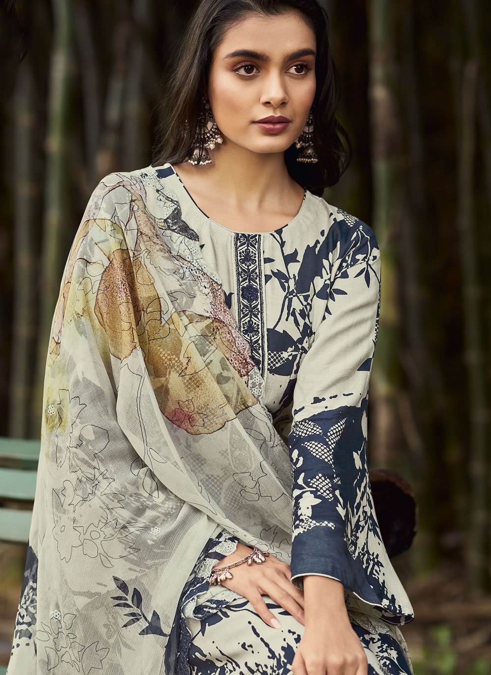 Pakistani Salwar Suit Muslin Viscose Blue Cream Digital Print Salwar Kameez