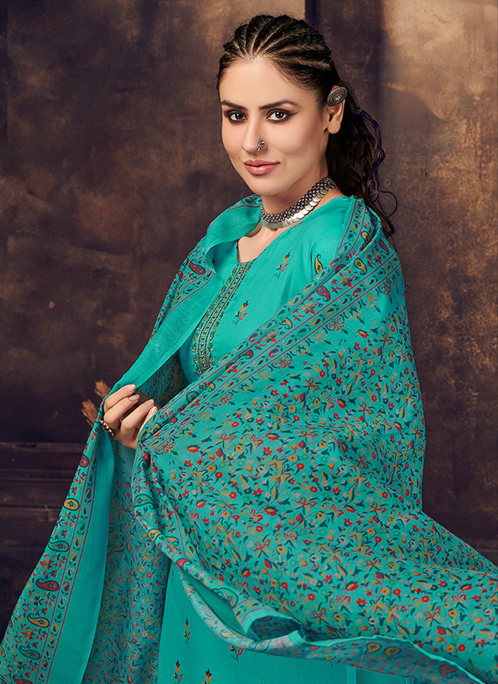 Salwar Suit Cotton Muslin Turquoise Digital Print Salwar Kameez