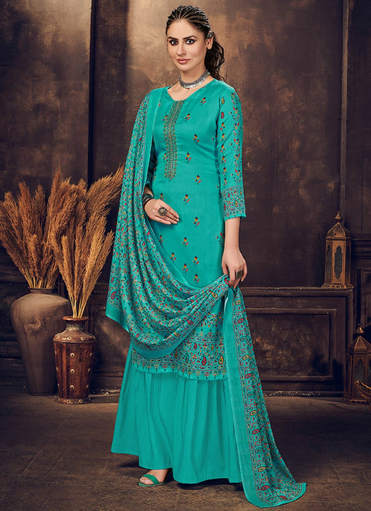 Salwar Suit Cotton Muslin Turquoise Digital Print Salwar Kameez