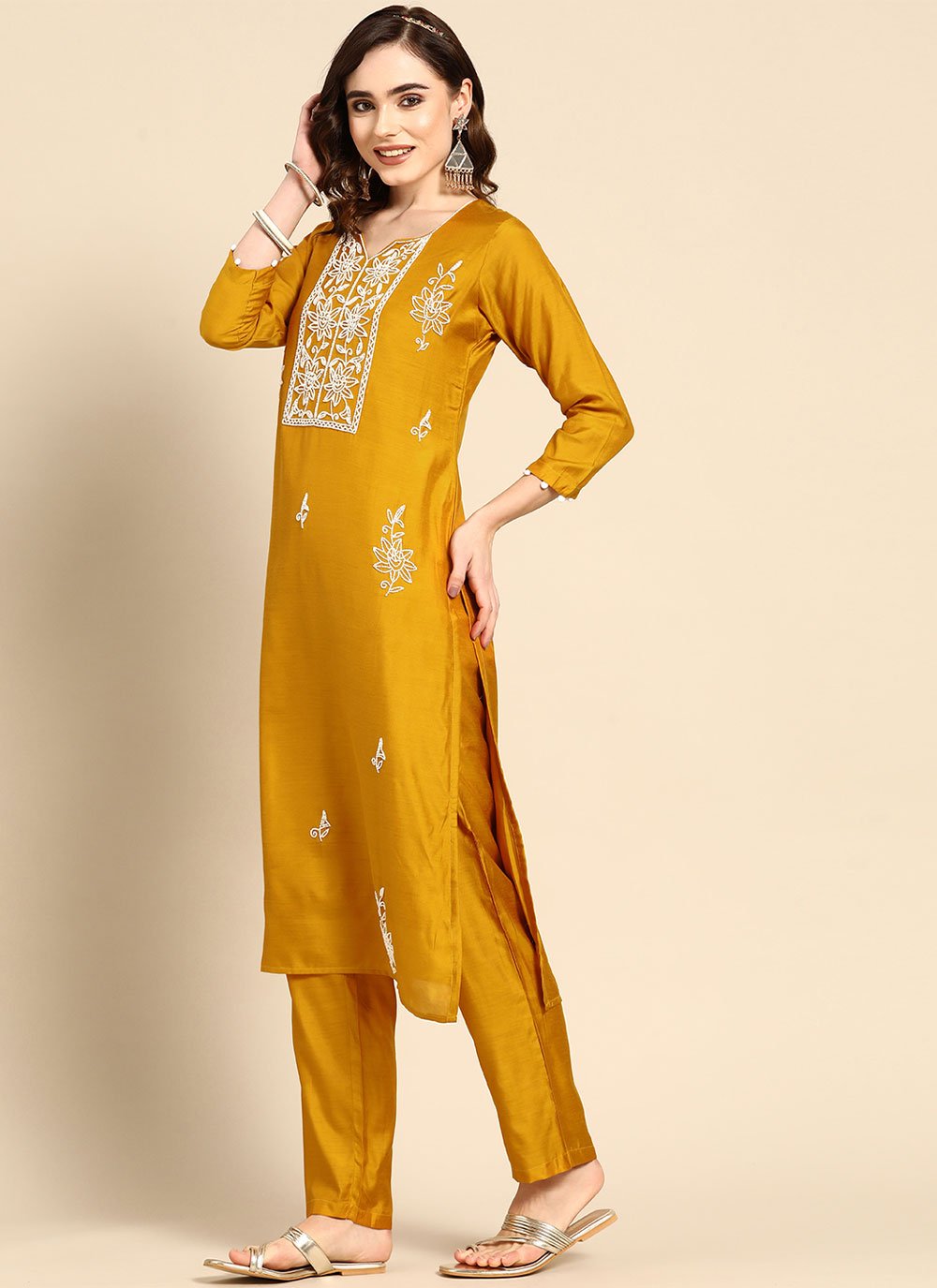 Salwar Suit Muslin Mustard Embroidered Salwar Kameez