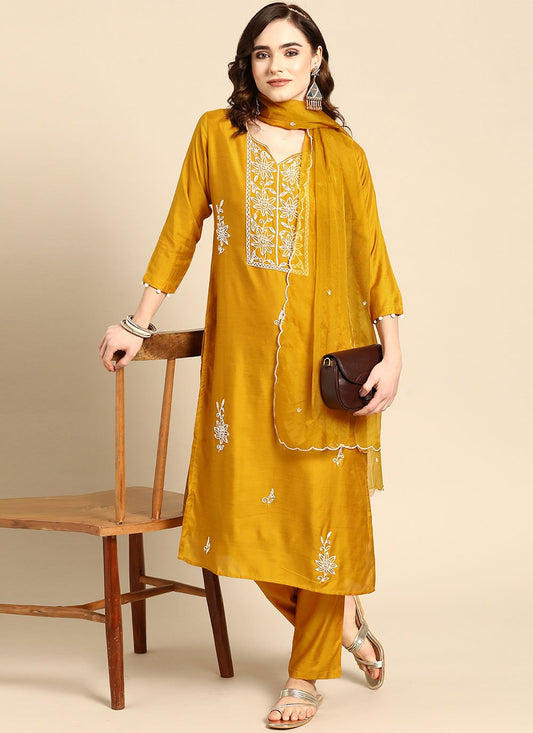 Salwar Suit Muslin Mustard Embroidered Salwar Kameez