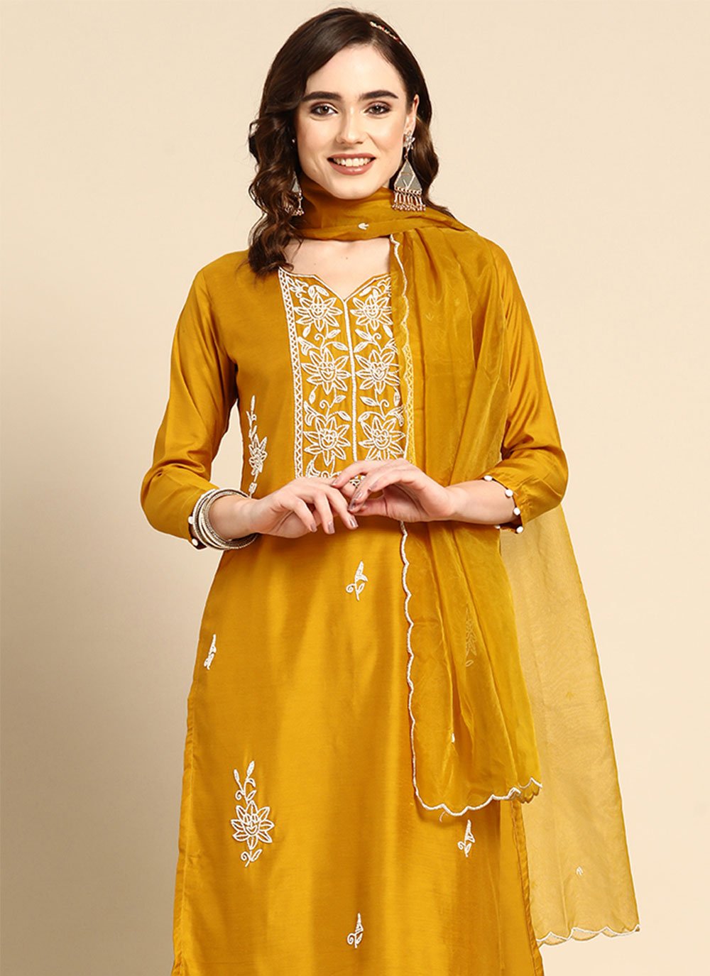 Salwar Suit Muslin Mustard Embroidered Salwar Kameez