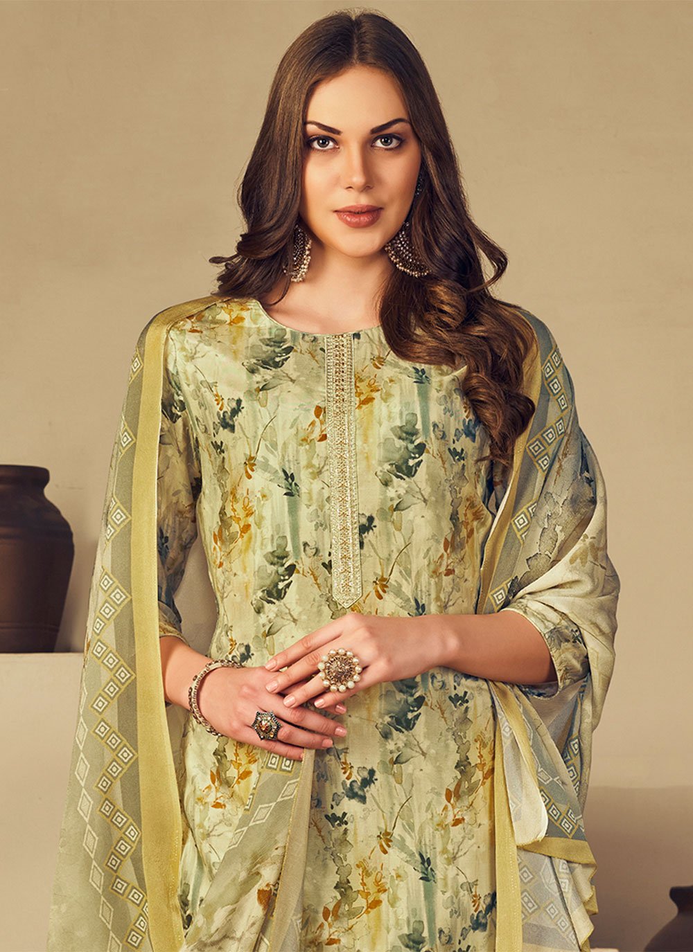 Patiala Suit Muslin Green Embroidered Salwar Kameez