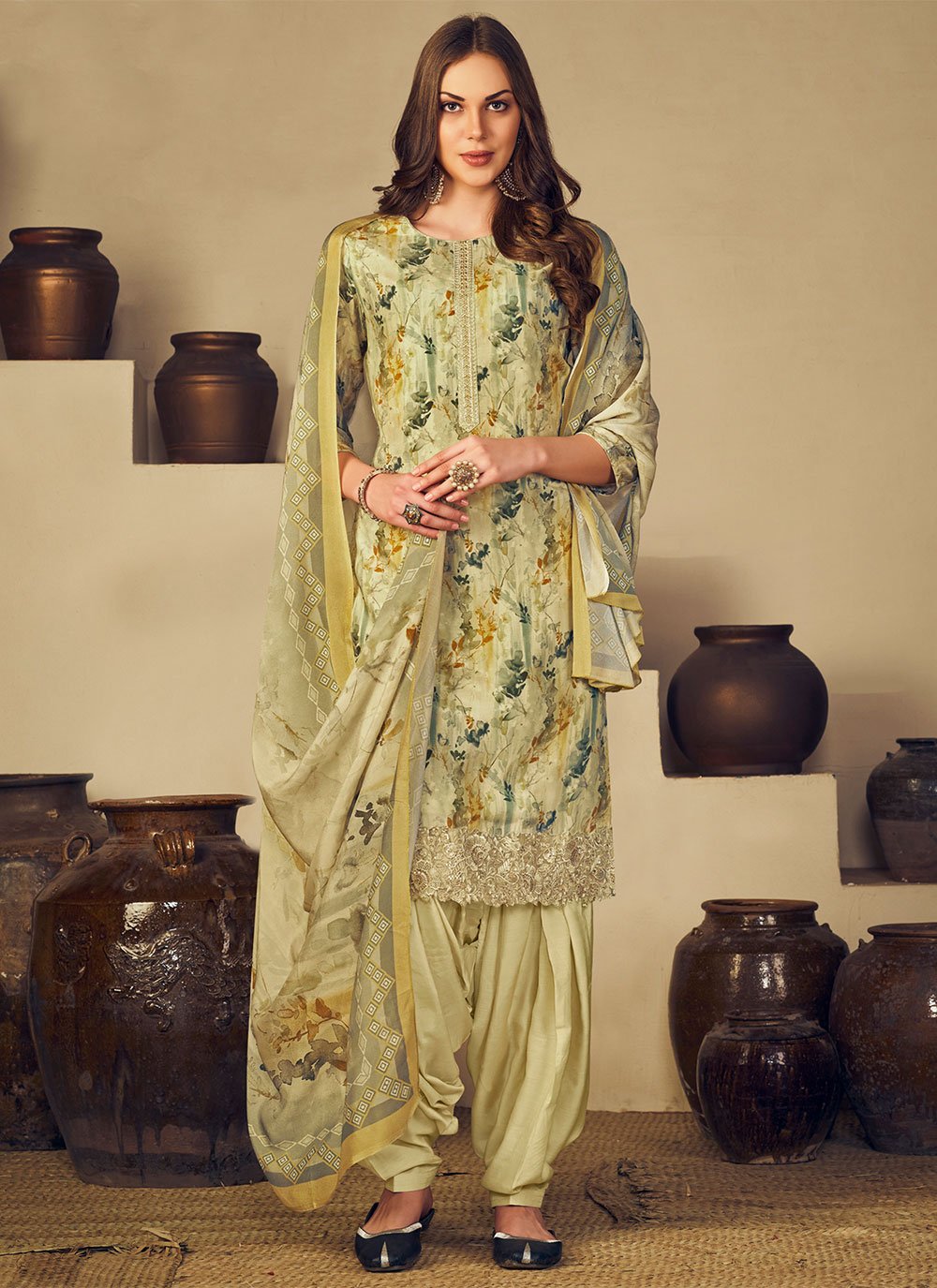 Patiala Suit Muslin Green Embroidered Salwar Kameez