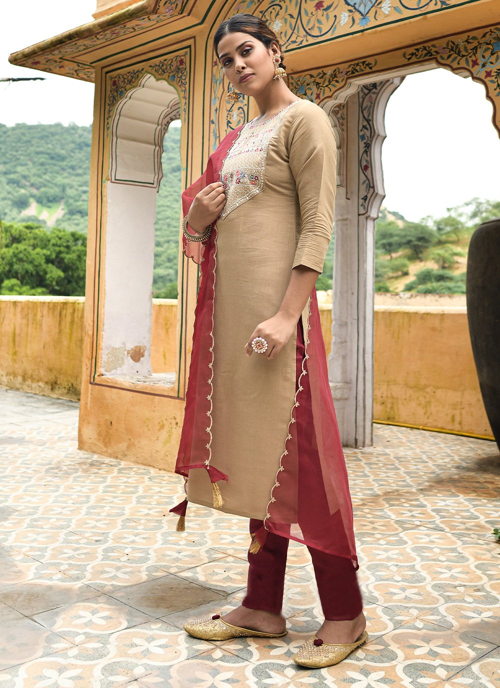 Salwar Suit Cotton Muslin Beige Embroidered Salwar Kameez