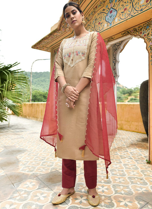 Salwar Suit Cotton Muslin Beige Embroidered Salwar Kameez