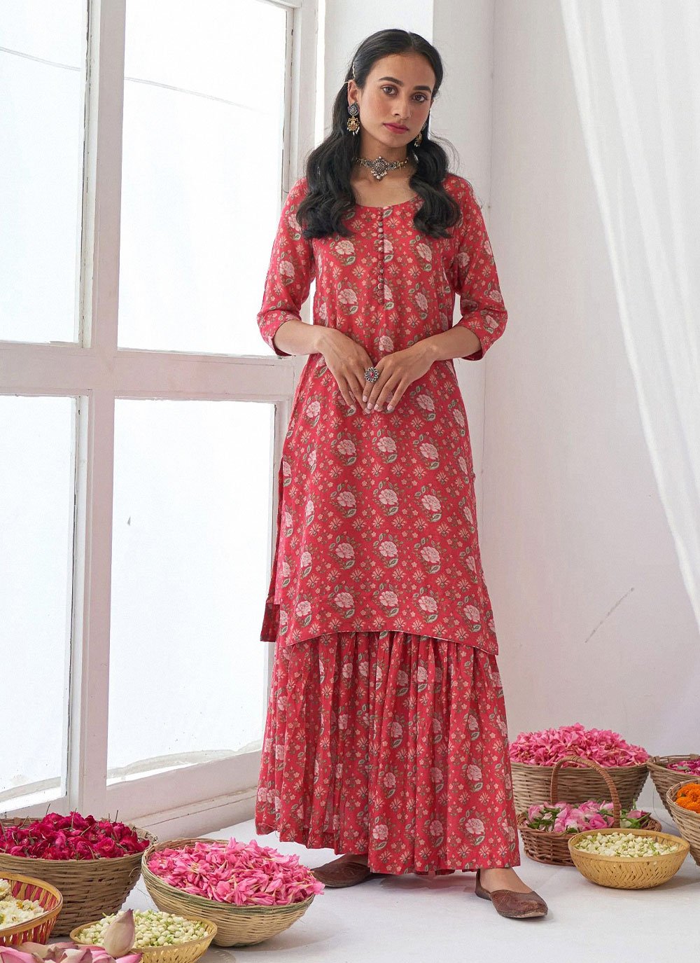 Salwar Suit Muslin Red Floral Patch Salwar Kameez