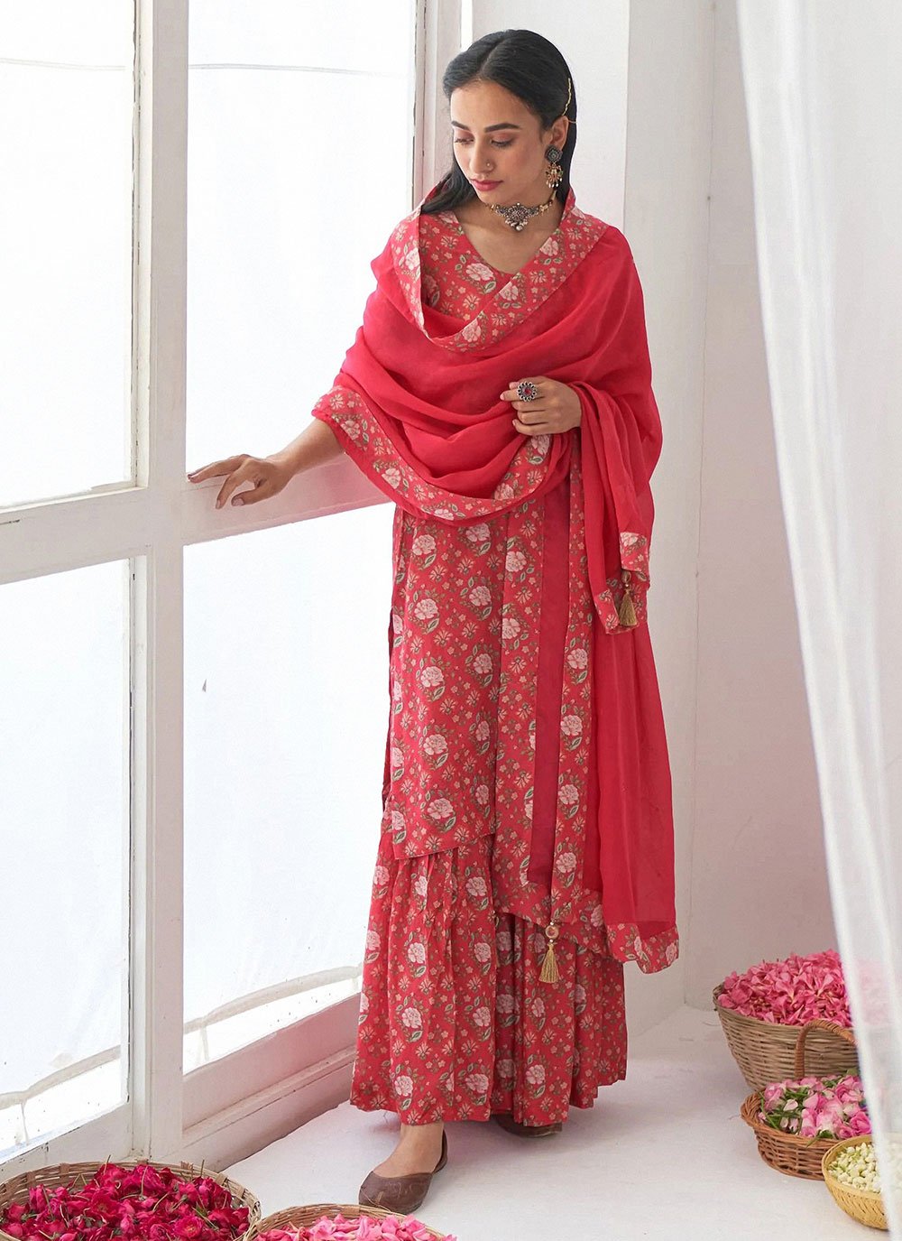 Salwar Suit Muslin Red Floral Patch Salwar Kameez