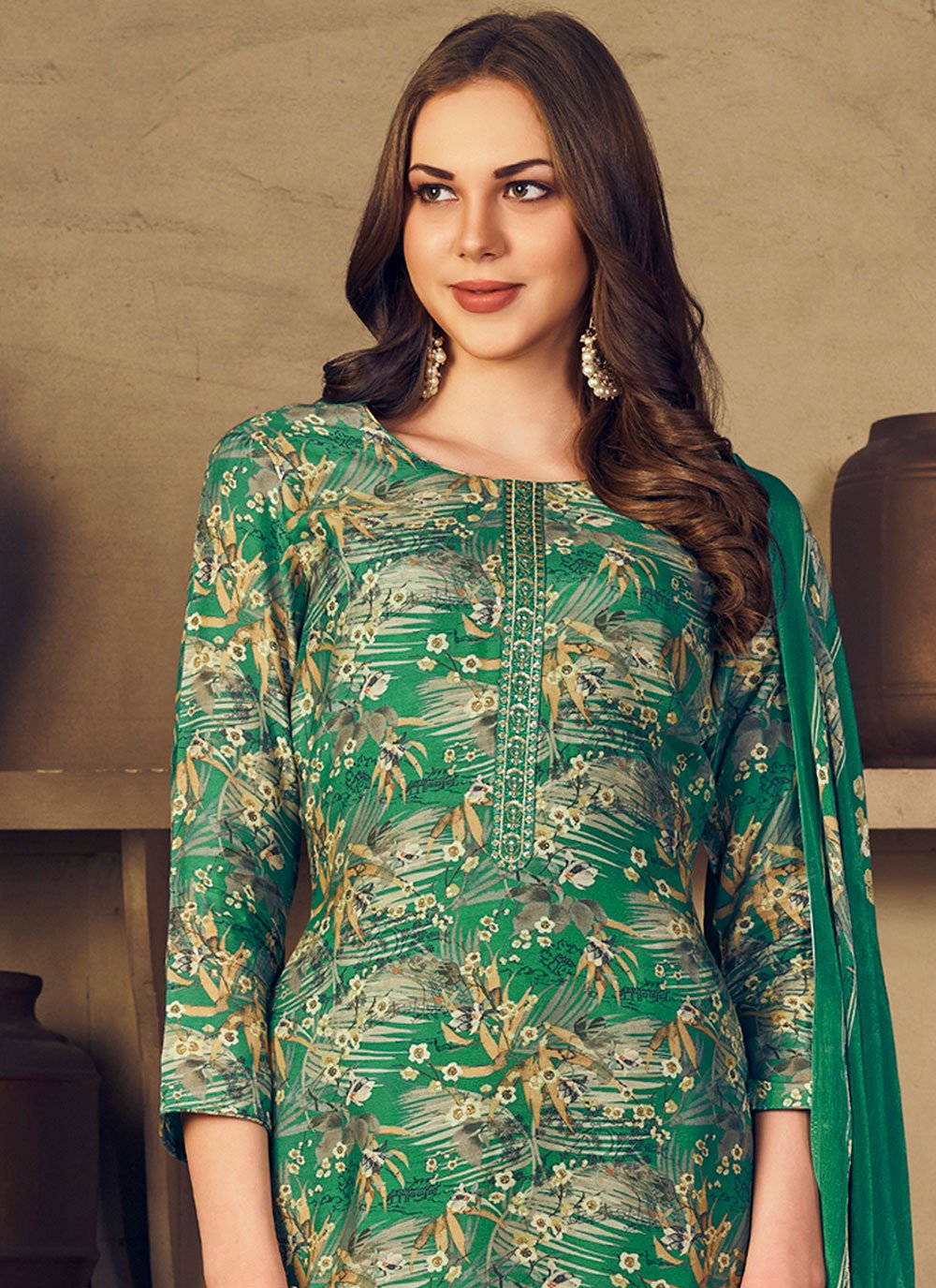 Salwar Suit Muslin Green Embroidered Salwar Kameez