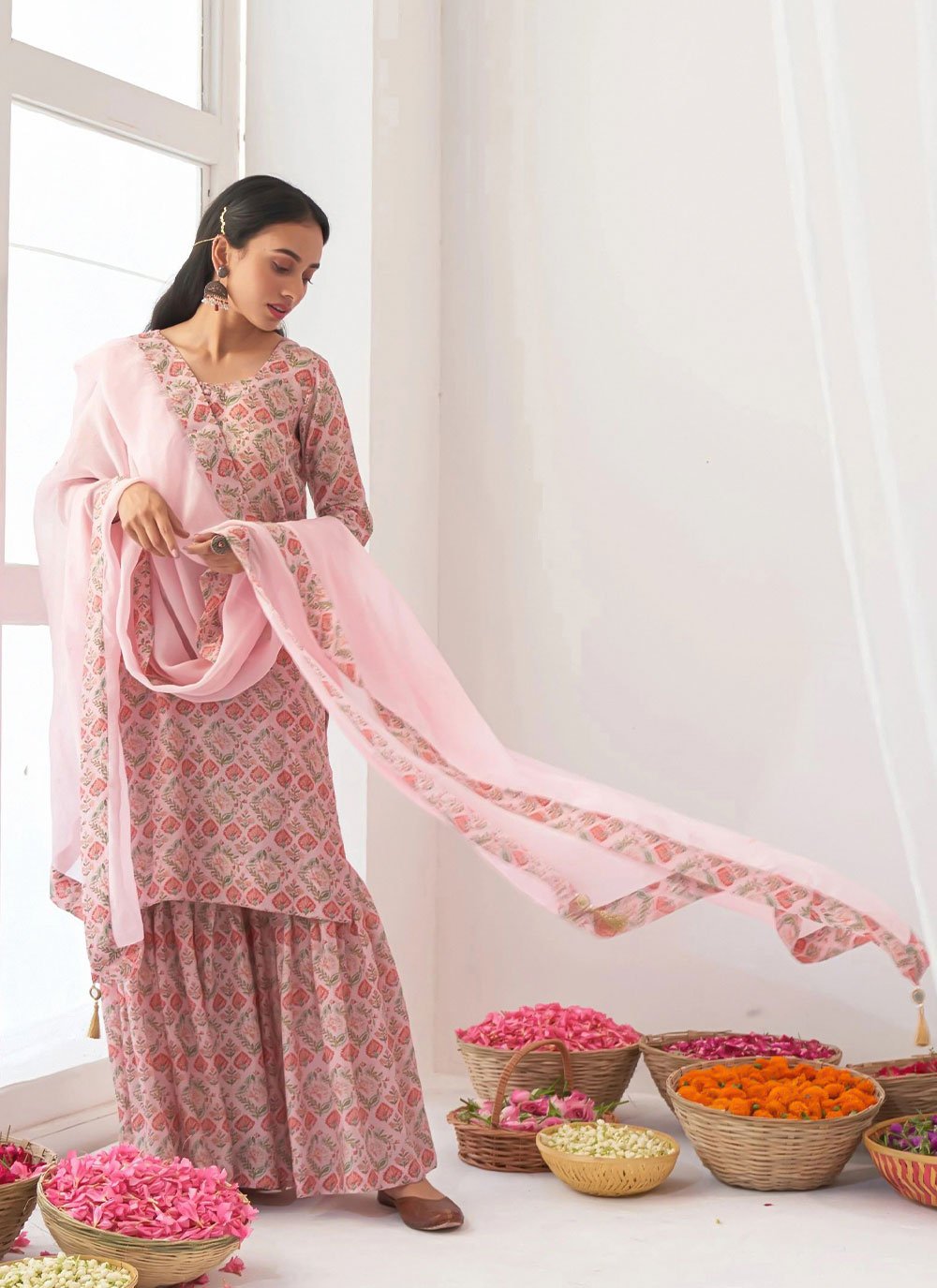 Palazzo Salwar Suit Muslin Pink Floral Patch Salwar Kameez