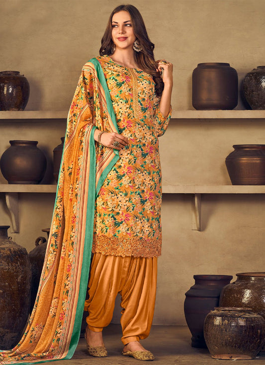 Patiala Suit Muslin Orange Embroidered Salwar Kameez