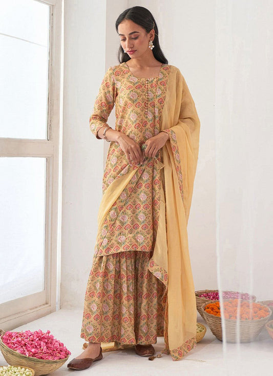 Salwar Suit Muslin Yellow Floral Patch Salwar Kameez