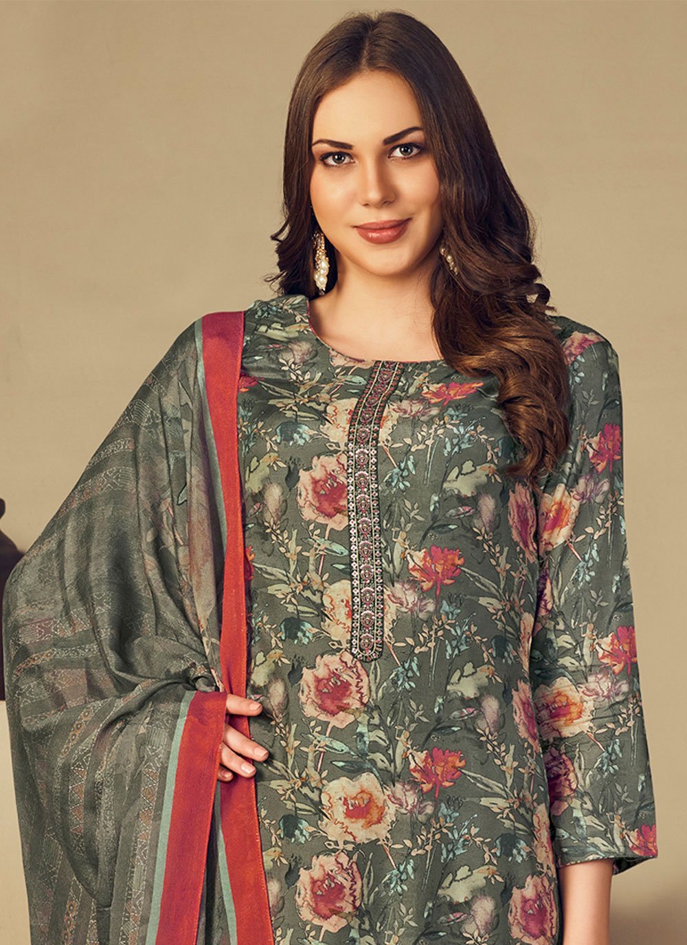 Salwar Suit Muslin Grey Embroidered Salwar Kameez