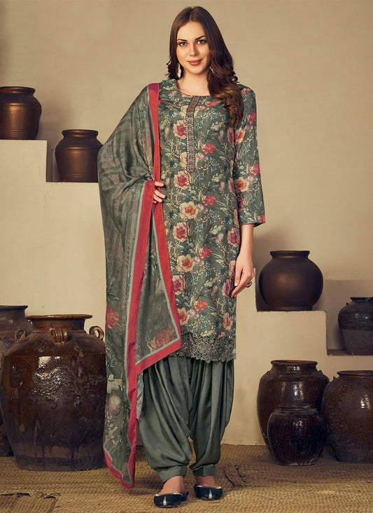 Salwar Suit Muslin Grey Embroidered Salwar Kameez