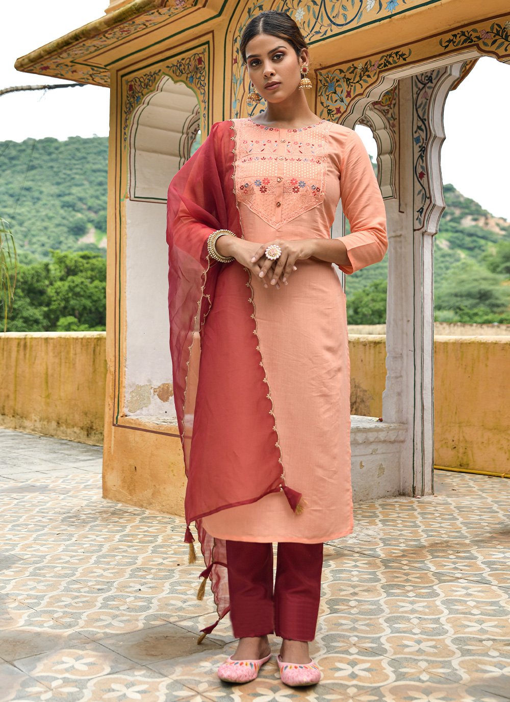 Salwar Suit Cotton Muslin Peach Embroidered Salwar Kameez