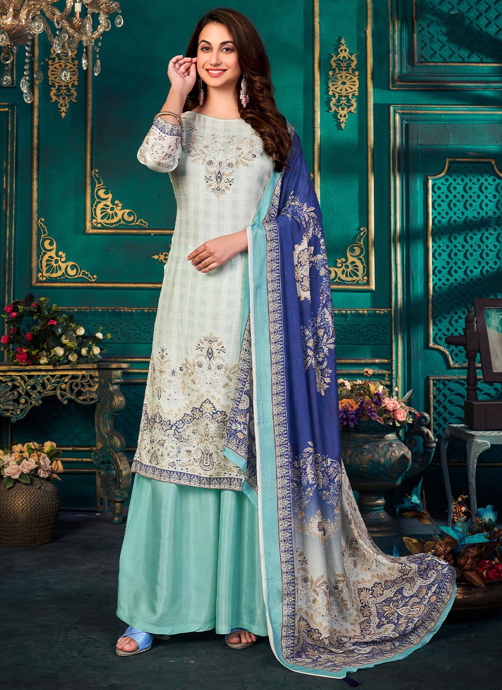 Salwar Suit Muslin Aqua Blue Digital Print Salwar Kameez