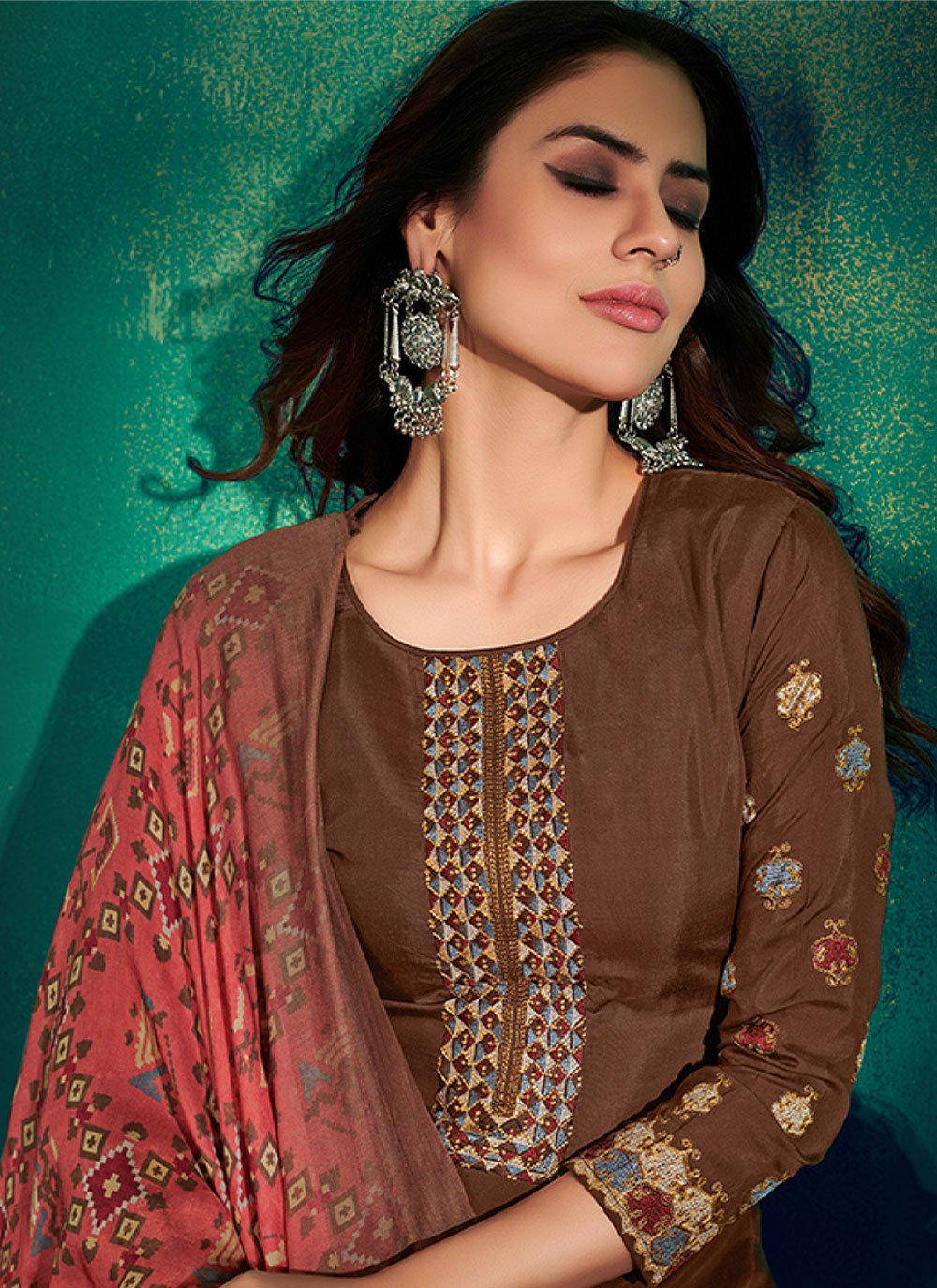 Salwar Suit Muslin Brown Embroidered Salwar Kameez