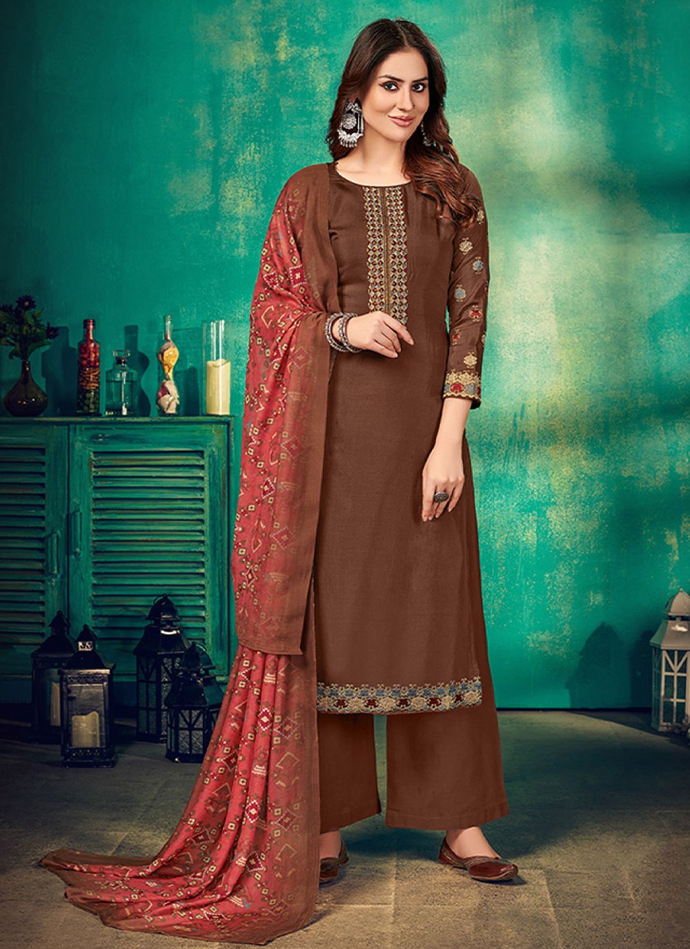 Salwar Suit Muslin Brown Embroidered Salwar Kameez