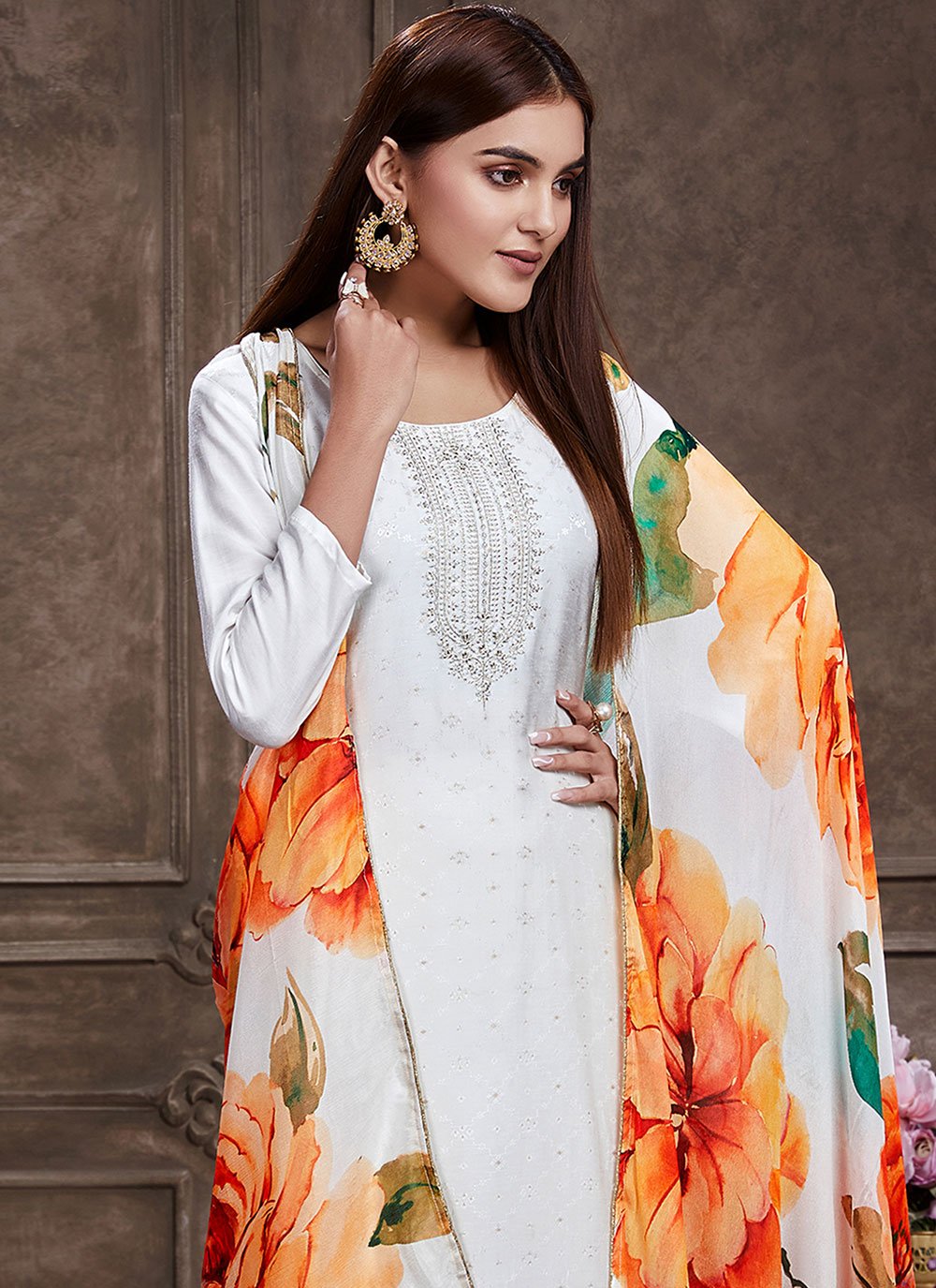 Salwar Suit Muslin White Embroidered Salwar Kameez