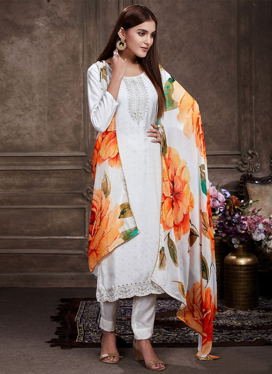 Salwar Suit Muslin White Embroidered Salwar Kameez