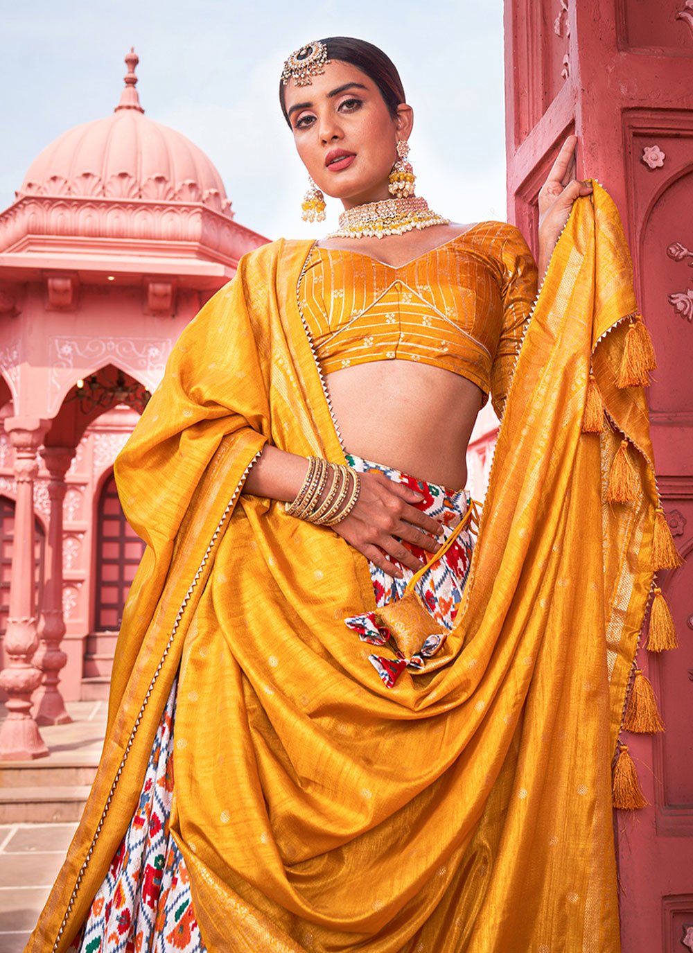 Lehenga Choli Silk Mustard Off White Foil Print Lehenga Choli