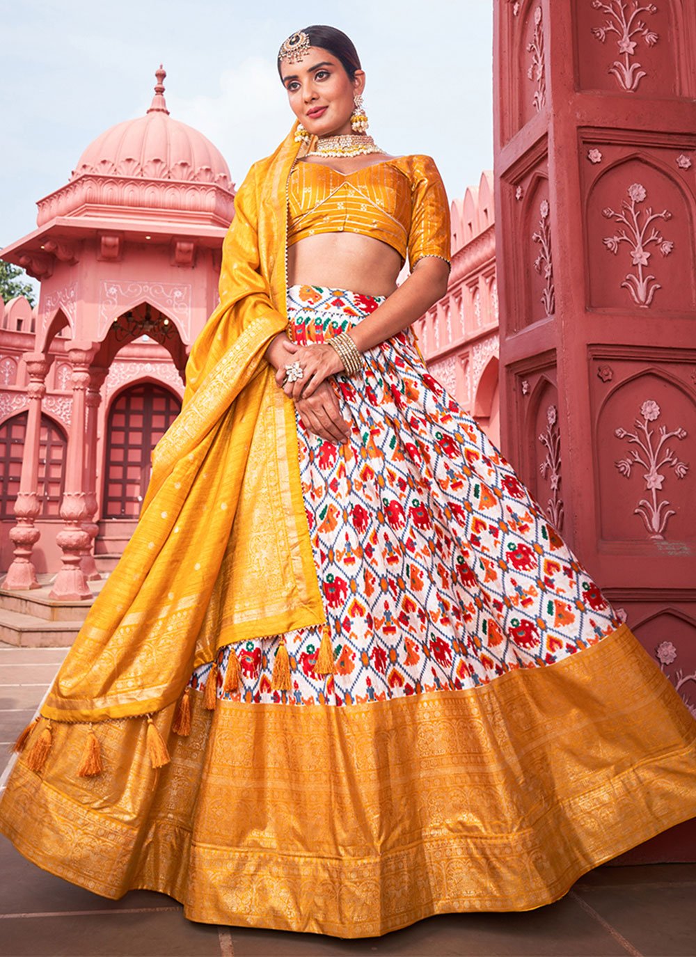 Lehenga Choli Silk Mustard Off White Foil Print Lehenga Choli