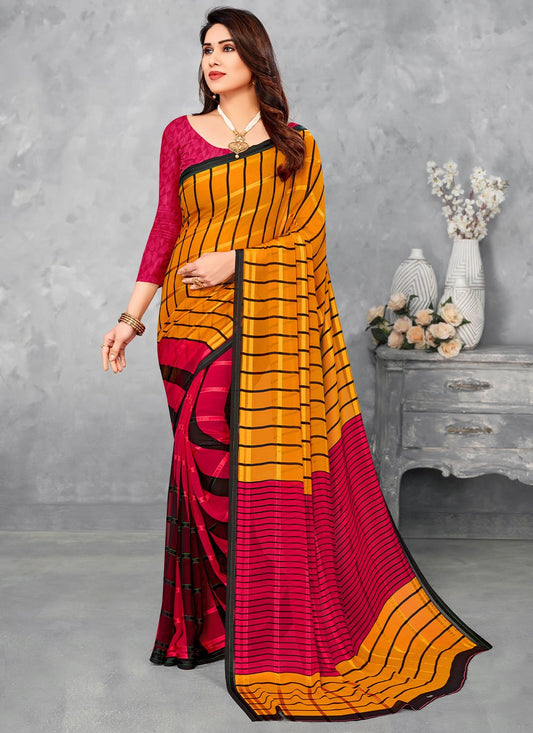 Trendy Saree Satin Silk Mustard Pink Print Saree