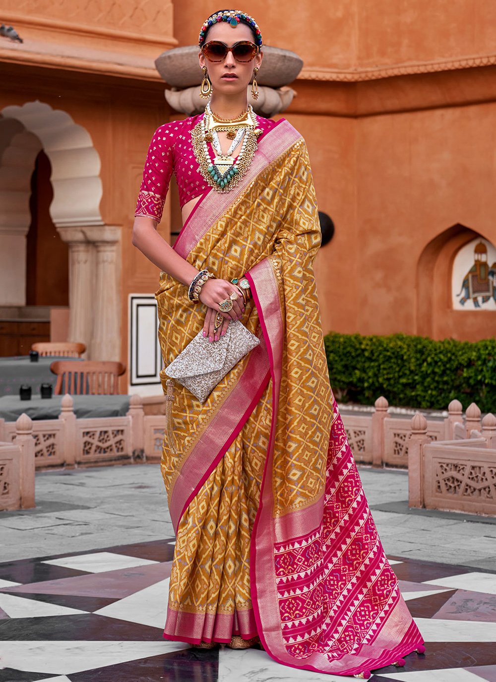 Classic Silk Mustard Rani Foil Print Saree