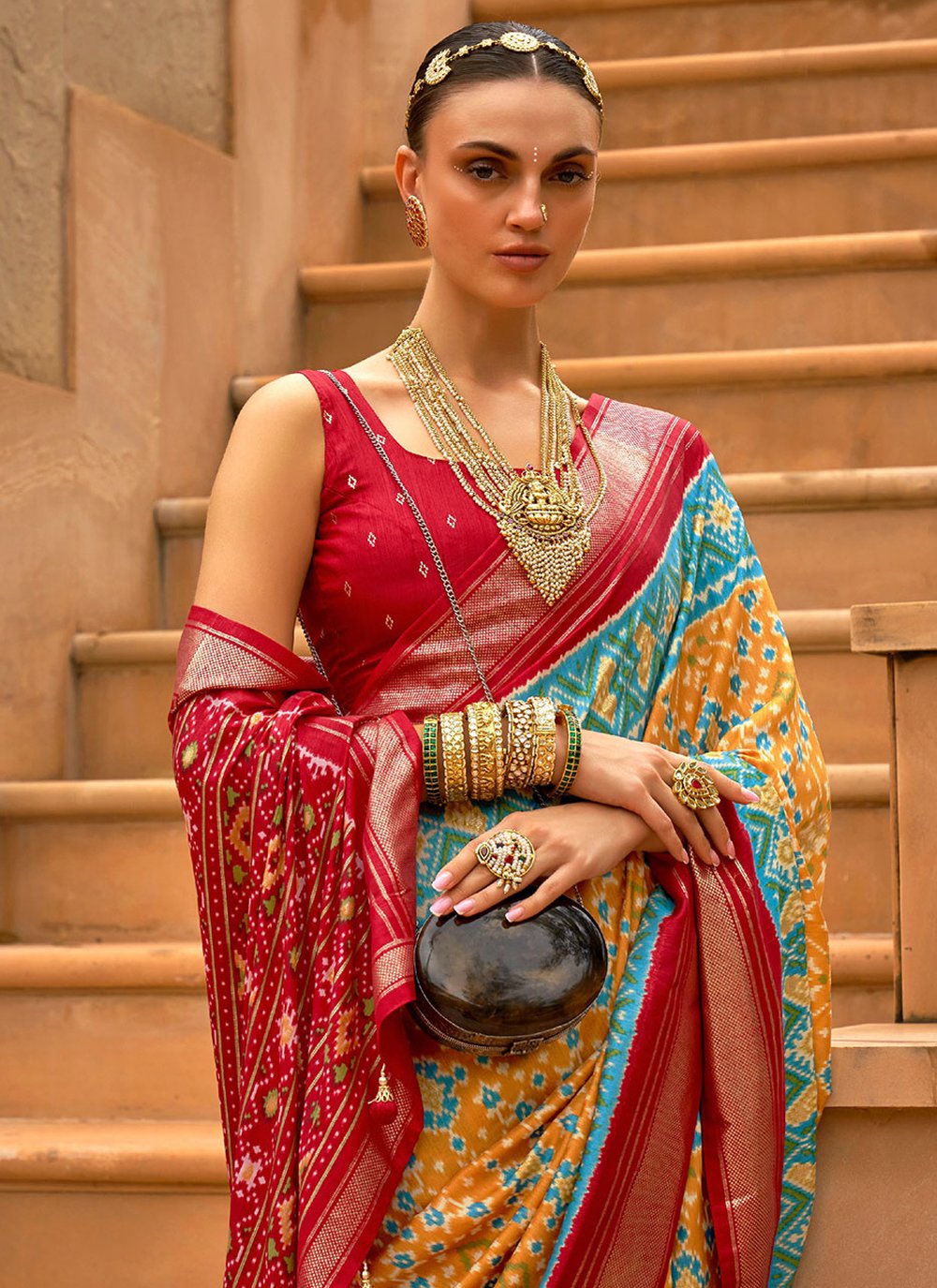 Contemporary Patola Silk Mustard Red Weaving Saree