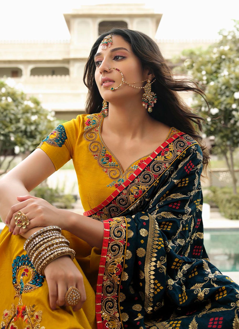 Contemporary Silk Mustard Teal Embroidered Saree