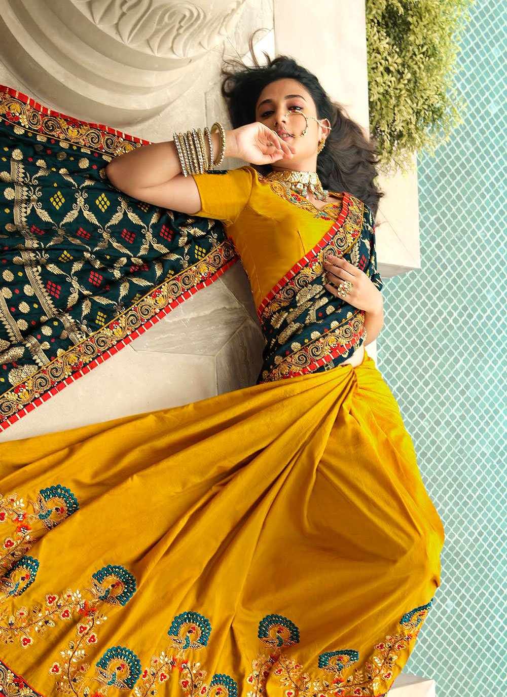 Contemporary Silk Mustard Teal Embroidered Saree