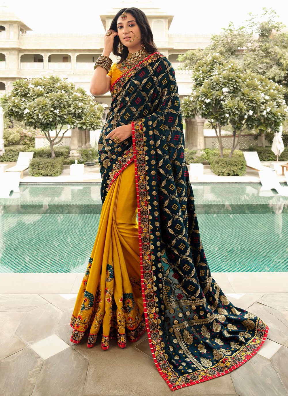 Contemporary Silk Mustard Teal Embroidered Saree