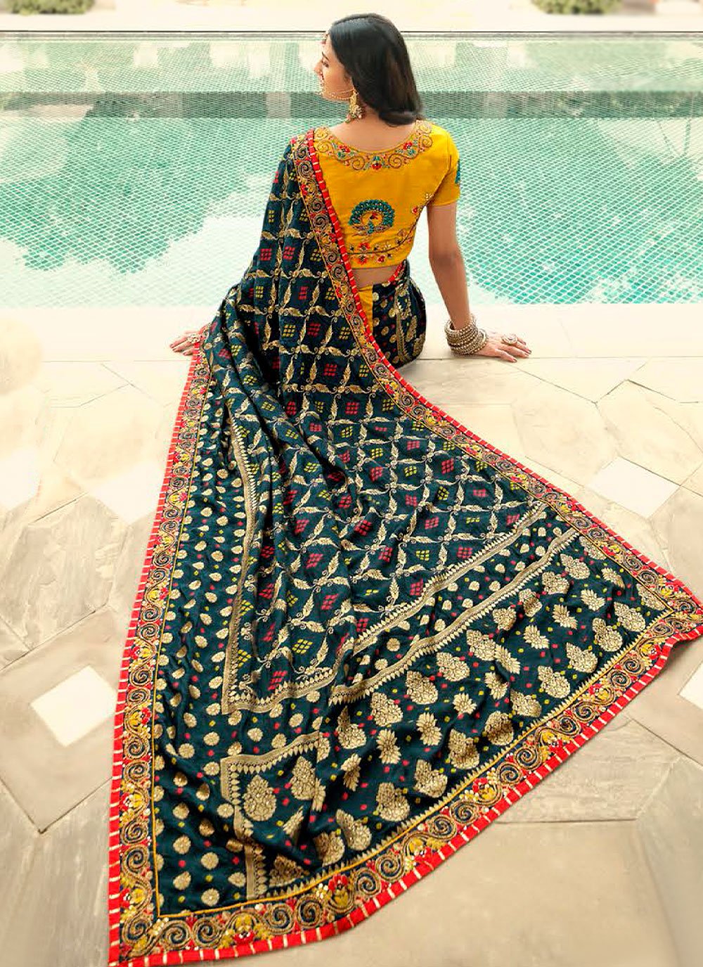 Contemporary Silk Mustard Teal Embroidered Saree