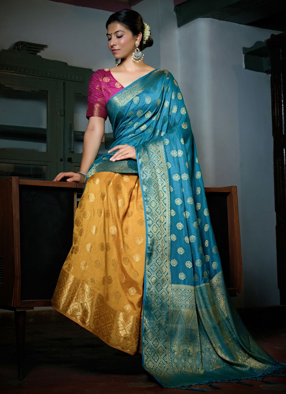 Trendy Saree Banarasi Silk Mustard Turquoise Weaving Saree