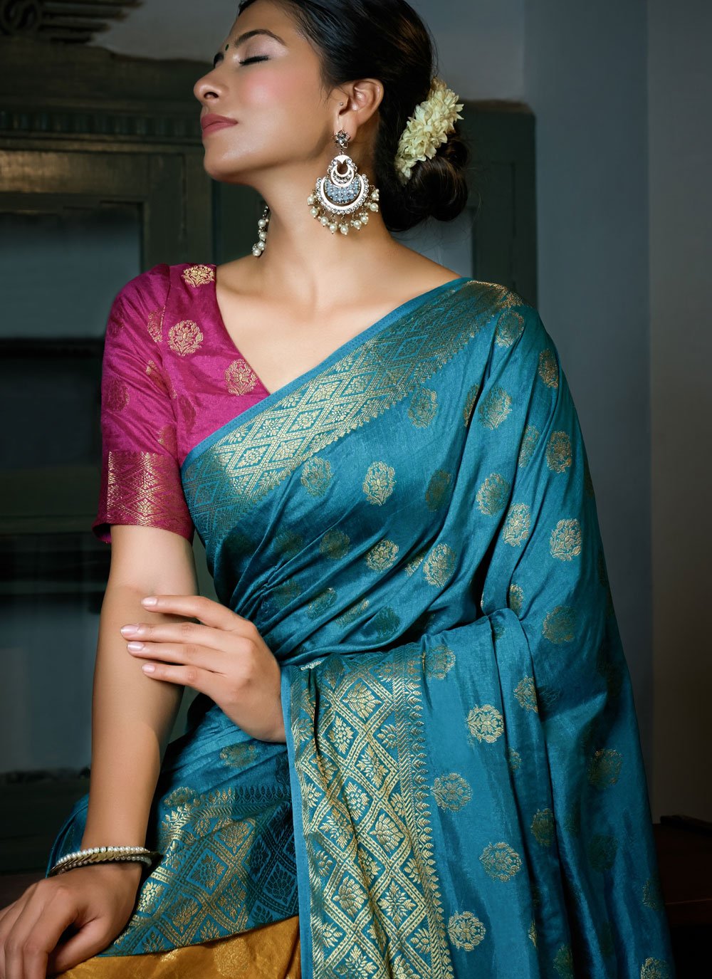 Trendy Saree Banarasi Silk Mustard Turquoise Weaving Saree