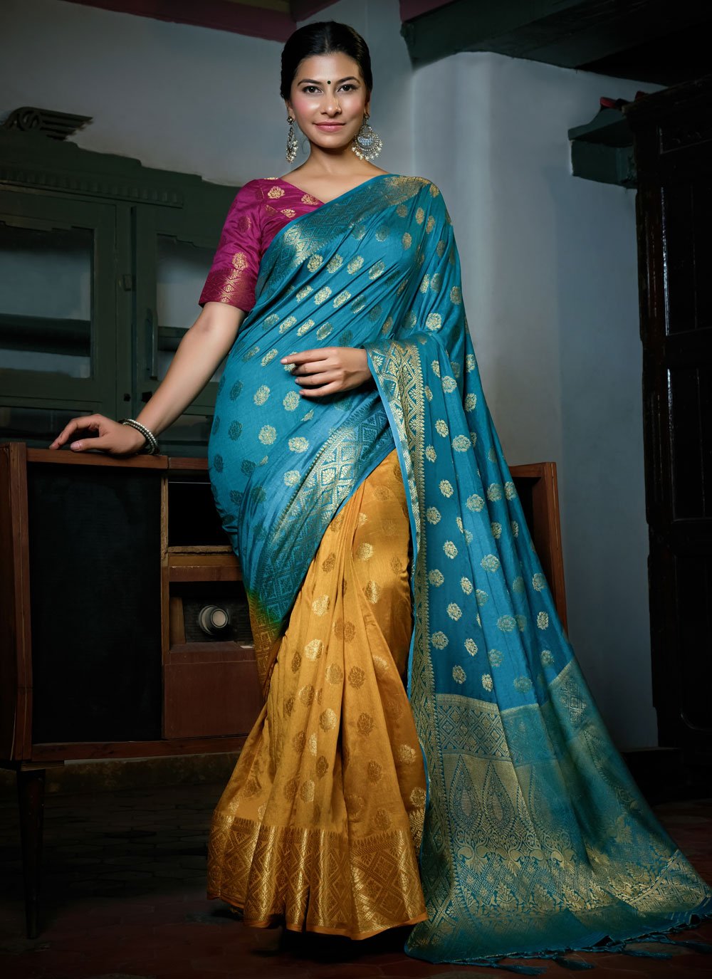 Trendy Saree Banarasi Silk Mustard Turquoise Weaving Saree